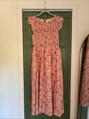 Pink Floral Smocked Midi Dress